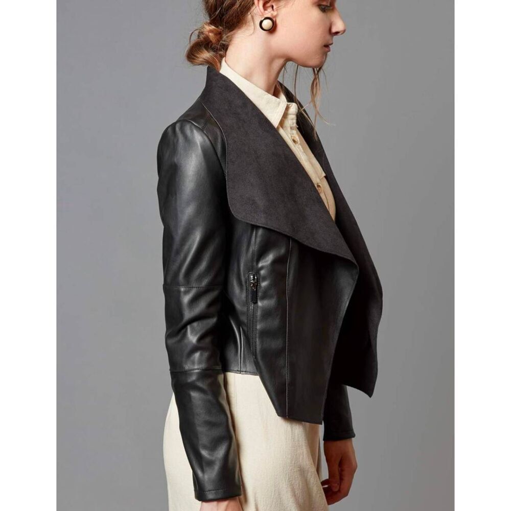 Escalier Black faux leather drape open front jacket womens 1X